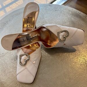 Nicole Miller White Mules with Metallic Embellishment